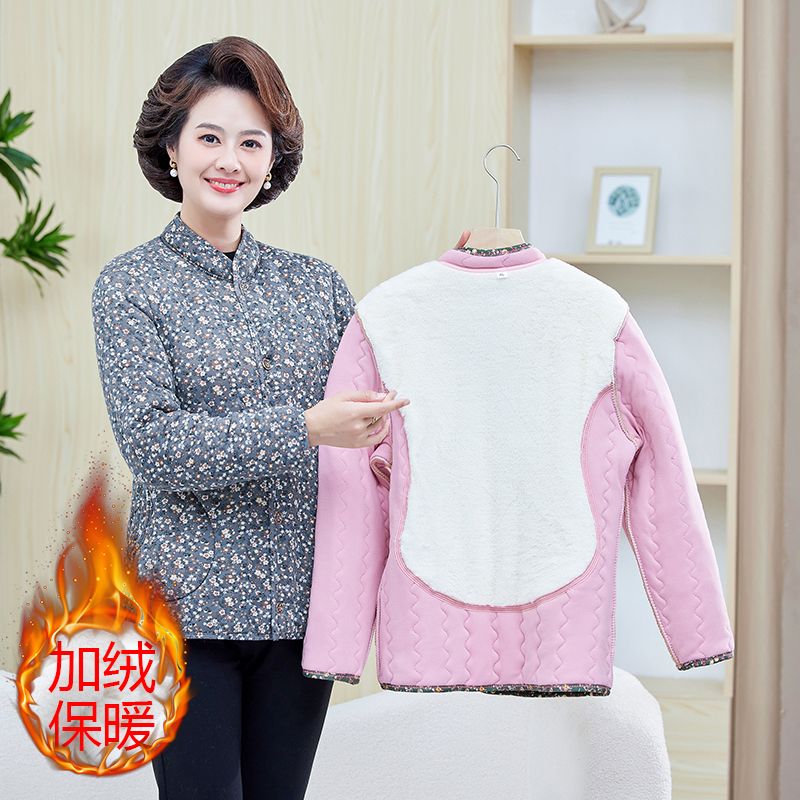 Winter thickened warm cotton clothing for middle-aged and elderly women plus velvet large size floral small cotton-padded jacket long-sleeved mother's patch cotton coat