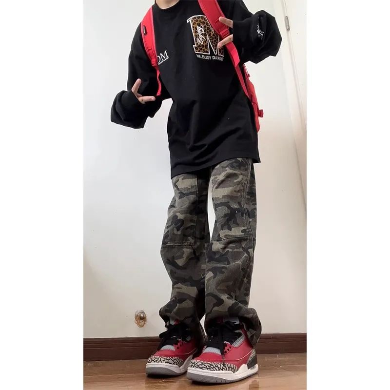 美式復古高街hiphop迷彩牛仔褲女秋季設計感高腰寬鬆直筒闊腿褲子