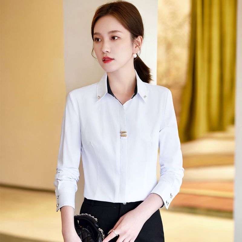 白色襯衫女春秋長袖面試正裝前台工作服上衣氣質通勤女裝職業襯衣