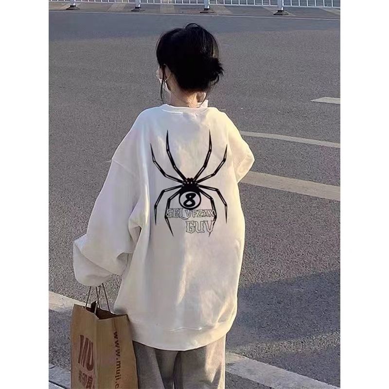 美式hiphop百搭白色圓領衛衣女秋冬新款加絨加厚寬鬆休閒上衣外套