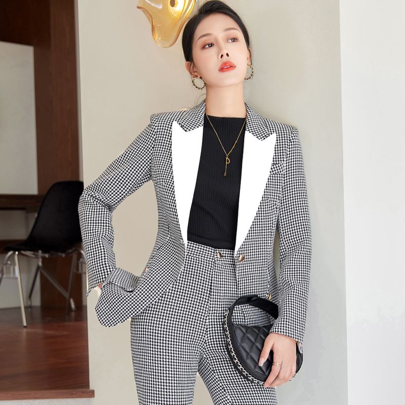 黑色格子西裝套裝女設計感秋冬2023新款時尚氣質小香風西服工作服