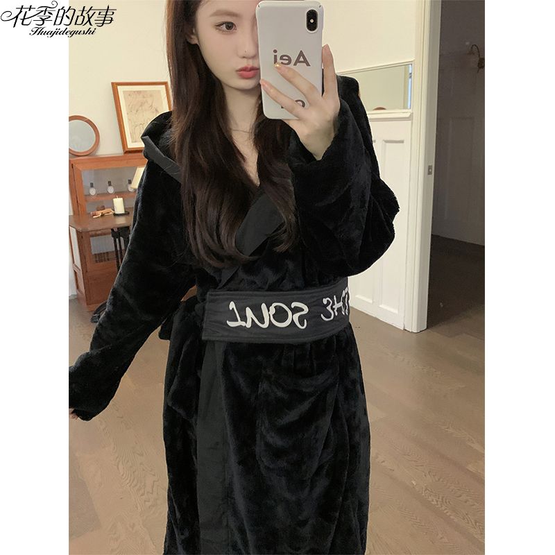 花季的故事法蘭絨睡衣女秋冬季長款浴袍情侶裝高級感純黑家居服男