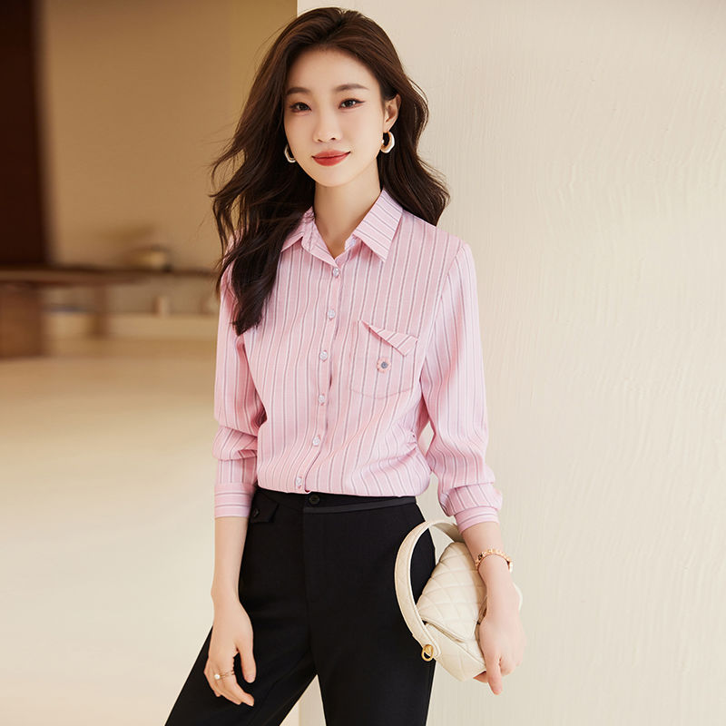 粉色工作服襯衫女春秋條紋長袖職業襯衣套裝設計感小眾通勤上衣秋