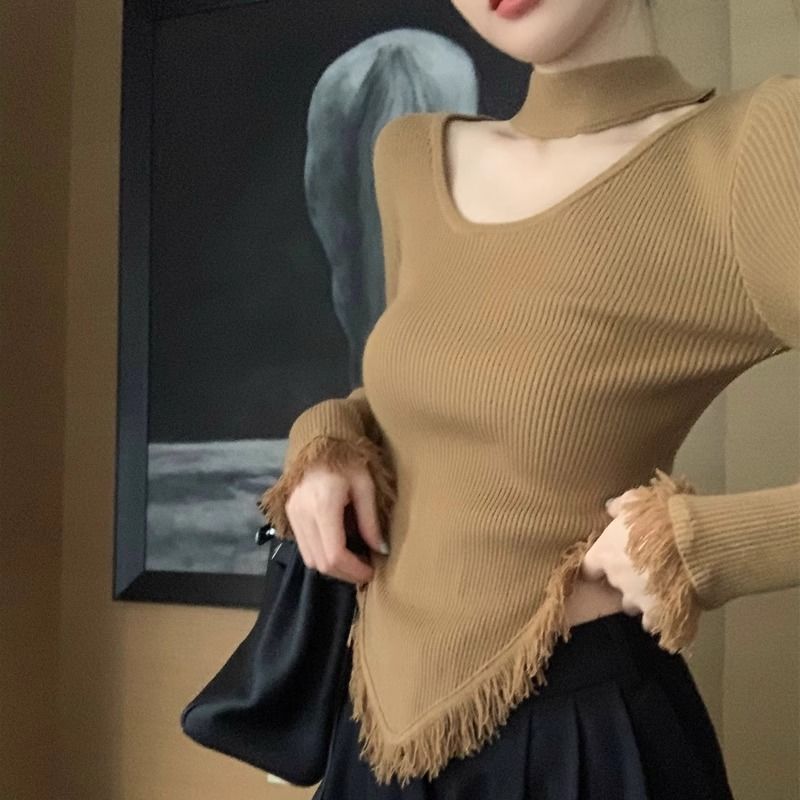 設計感小眾掛脖半高領毛衣女春秋洋氣修身短款內搭長袖打底針織衫