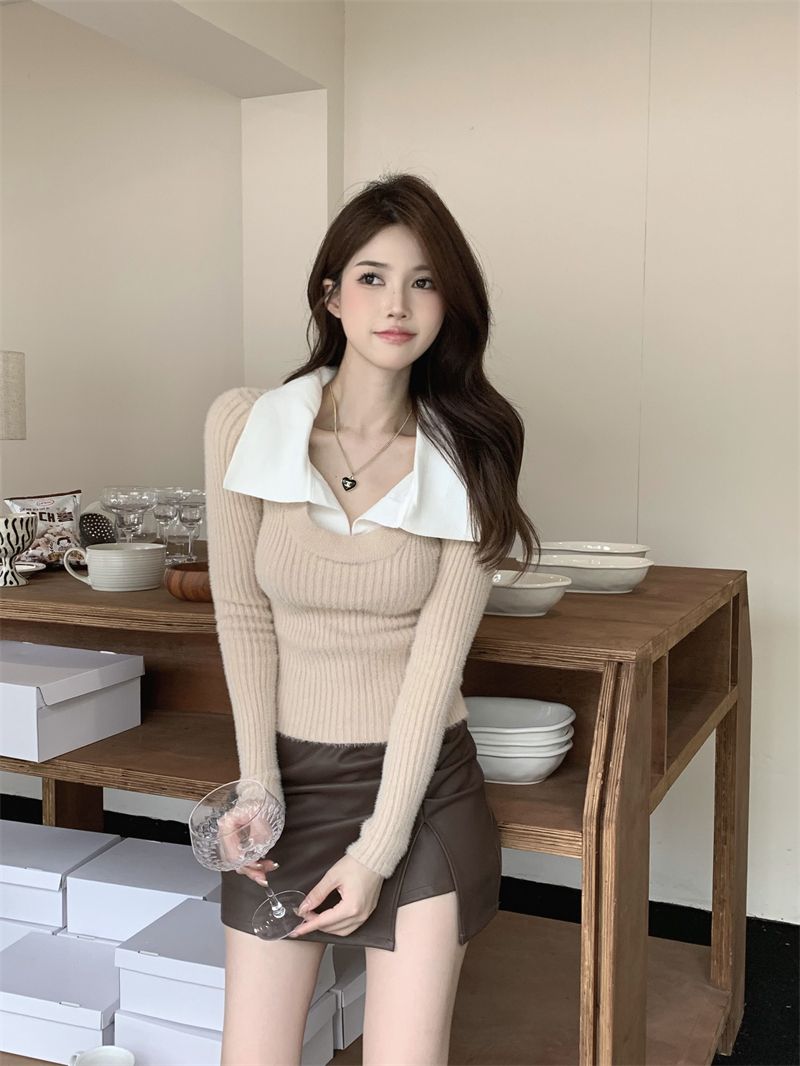 純欲假兩件長袖針織衫女秋裝甜美拼色翻領內搭打底衫彈力修身上衣