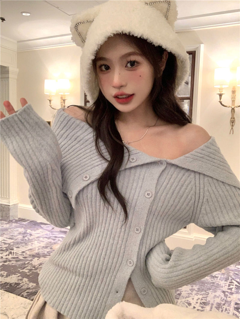 純欲風純欲翻領不規則針織開衫女裝秋冬粉色露肩打底修身毛衣上衣