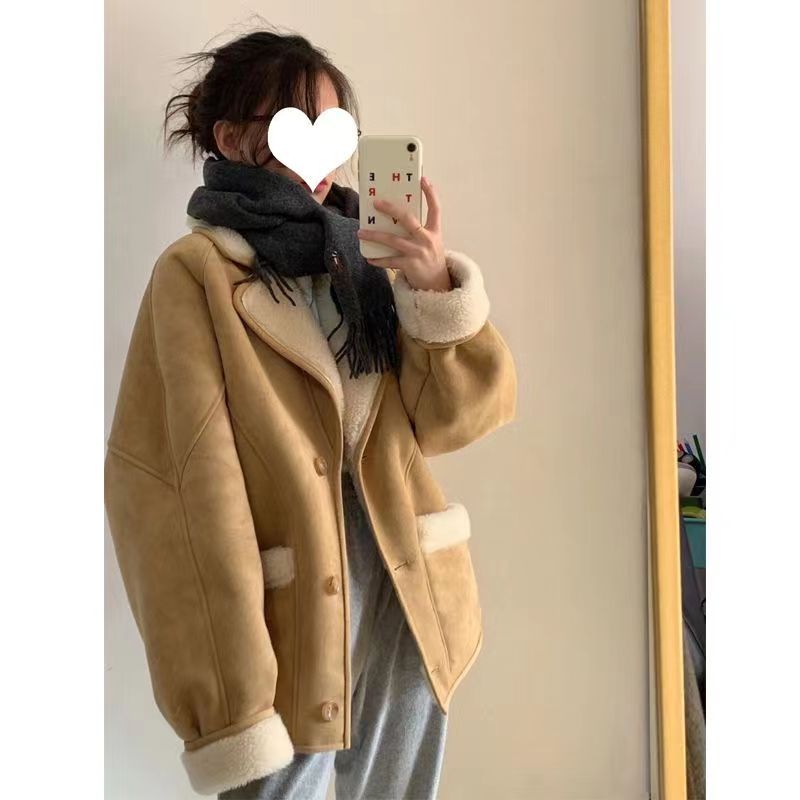 麂皮短外套女秋冬季羊羔毛2023新款小香風皮毛一體羊羔絨棉服冬季