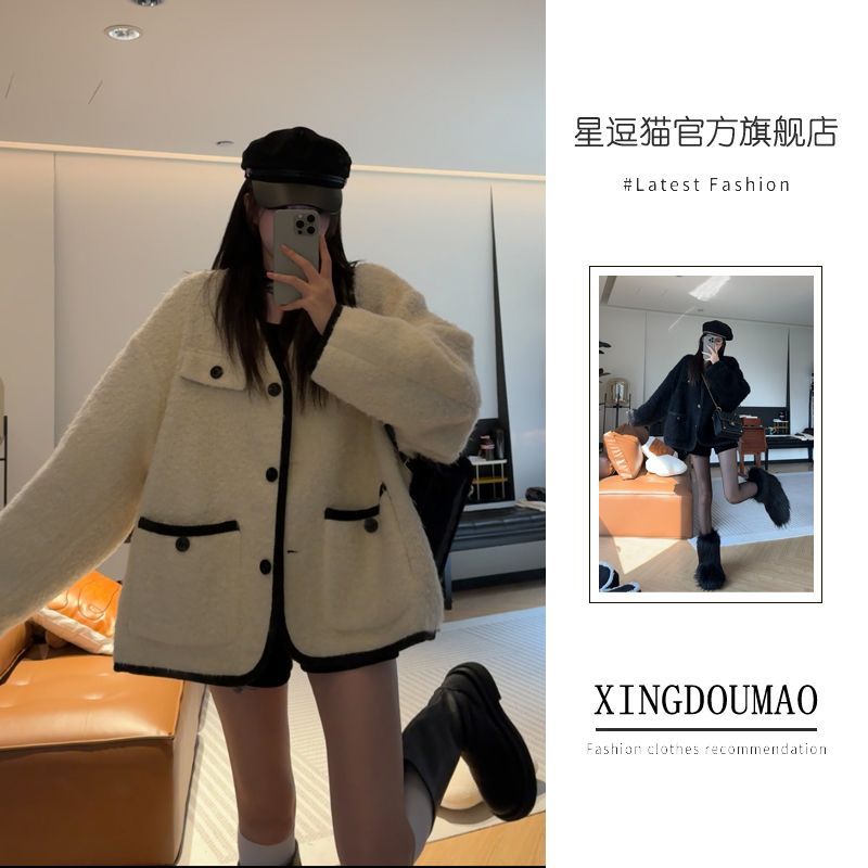 Woolen coat for women 2023 autumn and winter new style design V-neck contrasting color loose thickened furry pocket cotton coat