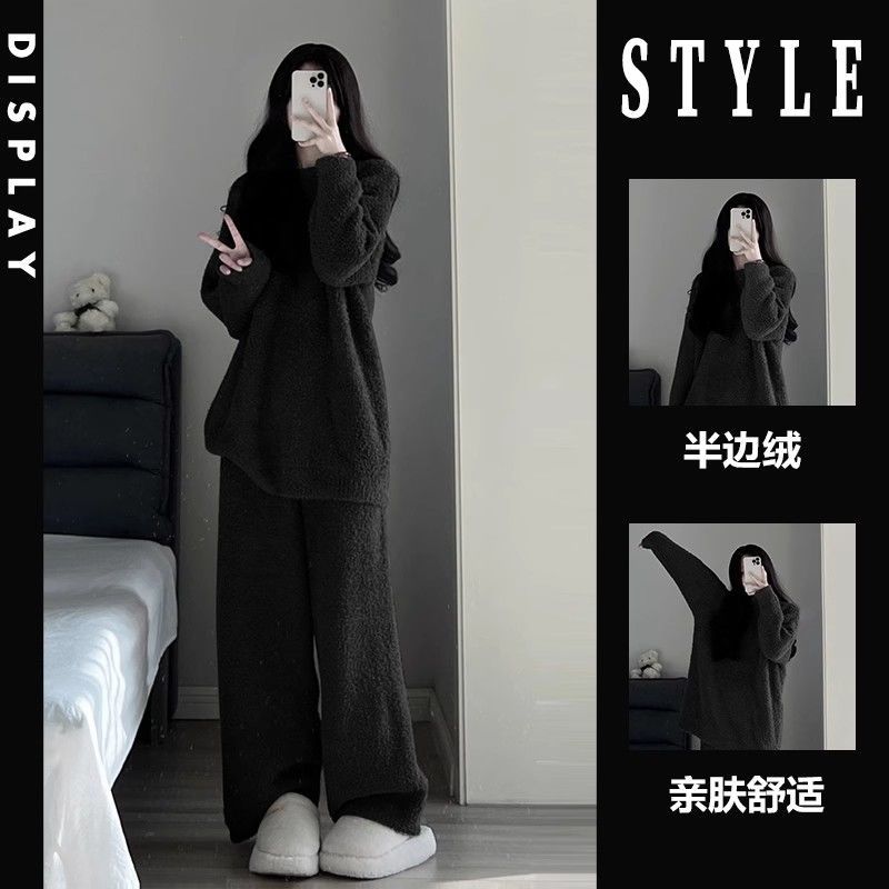 黑色雪尼爾半邊絨睡衣女冬季保暖家居服女士加絨加厚珊瑚絨套裝冬