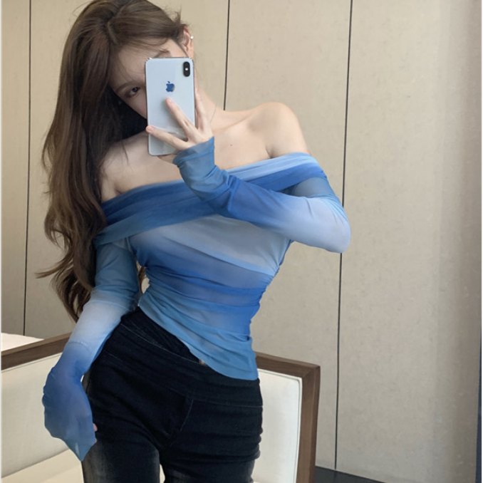 辣妹一字肩露肩上衣女春夏季新款純欲風顯瘦扎染透視網紗短款T恤
