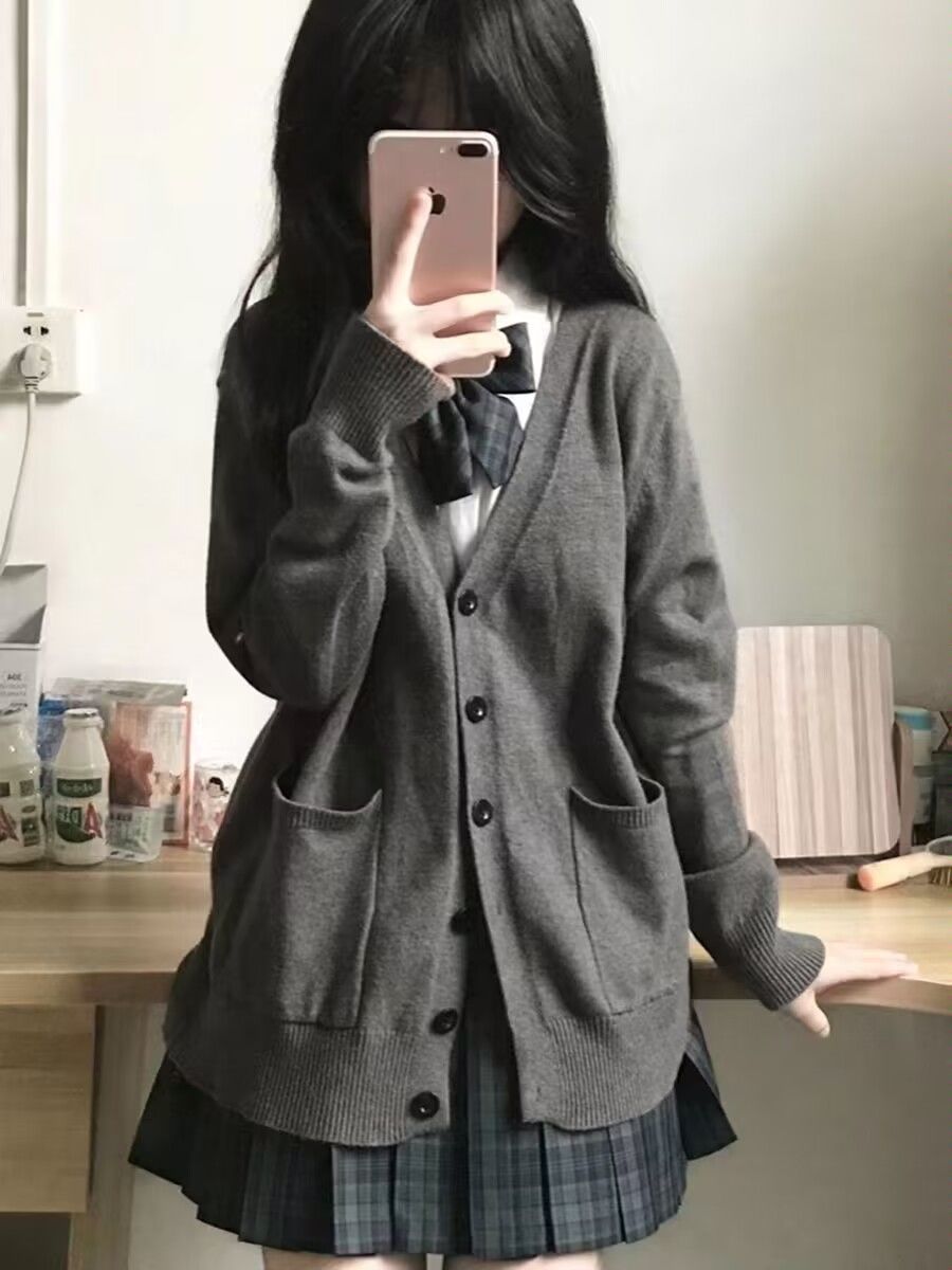 甜美學院風純色毛衣女校供感寬鬆百搭純色長袖v領針織開衫jk套裝