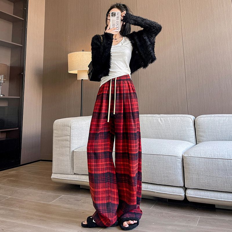 Maillard Brushed Plaid Pants Tall Long Version Plus Velvet Thickened Wide Leg Straight Pants Lazy Style Floor-Mopping Pants for Women