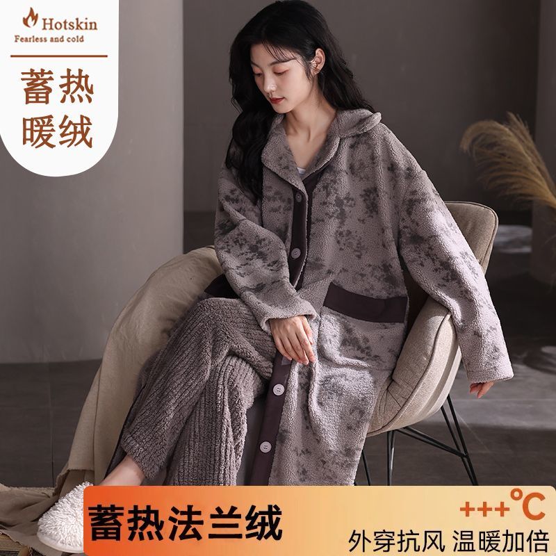 秋冬季法蘭絨睡袍女士保暖絨睡衣套裝冬天珊瑚絨高檔家居服可外穿