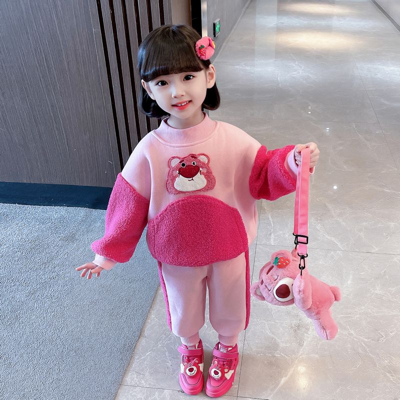 草莓熊女童冬装卫衣套装2023新款网红童装女宝宝秋冬儿童加绒加厚