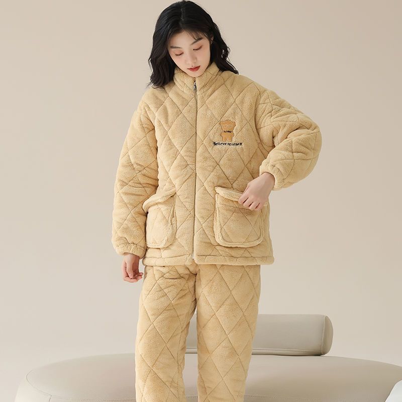 睡衣女秋冬季开衫三层加厚珊瑚绒夹棉袄加绒保暖法兰绒家居服套装