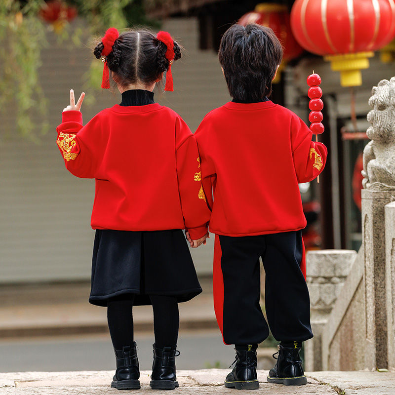 男女童汉服中国风加绒卫衣儿童唐装元旦喜庆演出服宝宝周岁拜年服