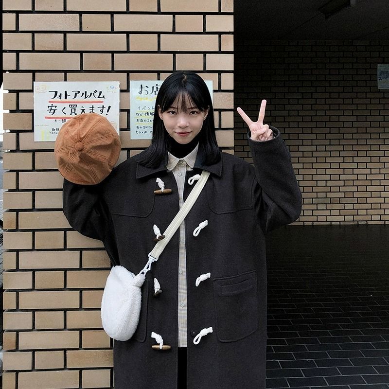 牛角扣毛呢外套女2023秋冬季新款黑色呢子大衣赫本風韓系冬天加厚