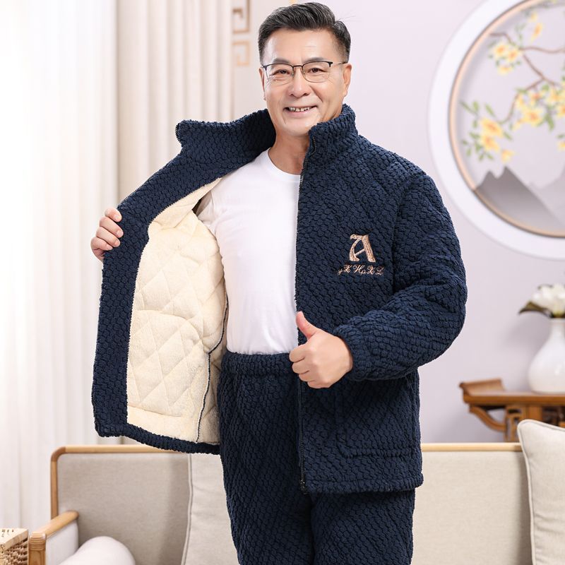 中老年人睡衣男士冬季三层夹棉加绒加厚珊瑚绒爸爸家居服保暖套装