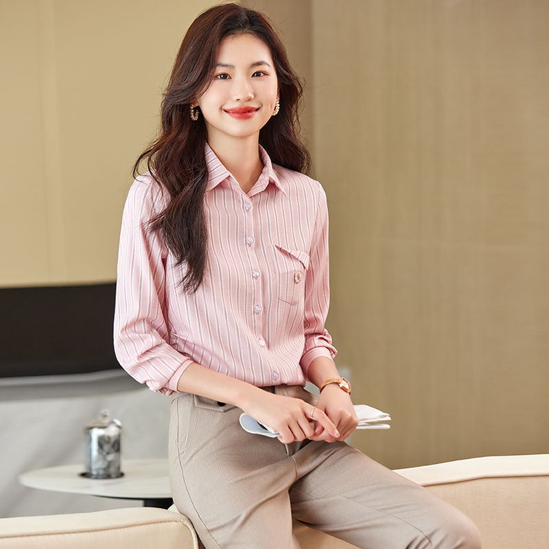 粉色工作服襯衫女春秋季新款條紋長袖職業襯衣設計感小眾通勤上衣