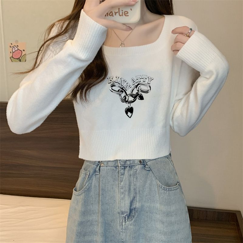 White square neck bottoming shirt for women, autumn and winter short clavicle sweater, fashionable printed slim fit inner long-sleeved knitted top