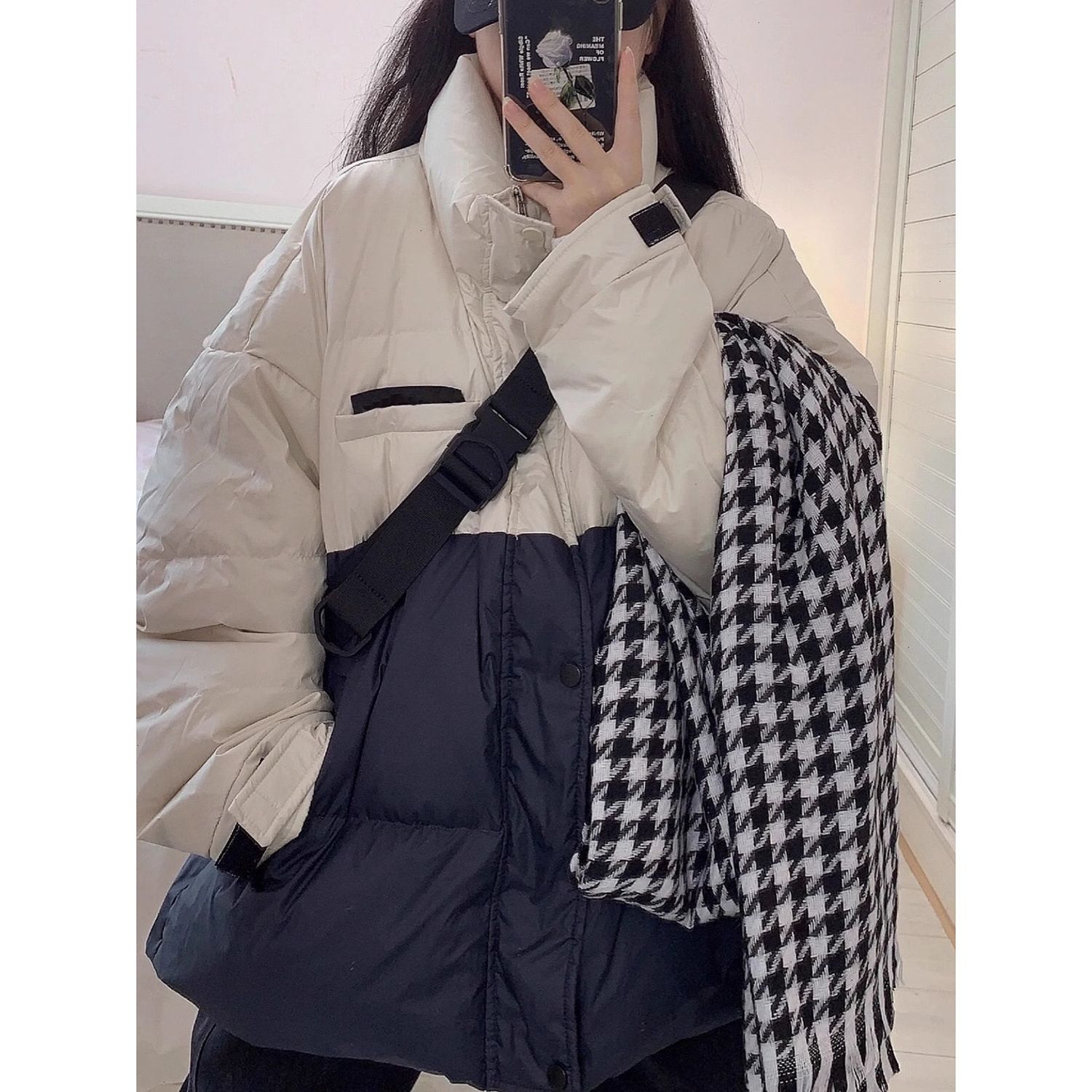 韓版棉服外套女冬季潮牌撞色拼接設計感小眾棉衣寬鬆加厚立領棉襖