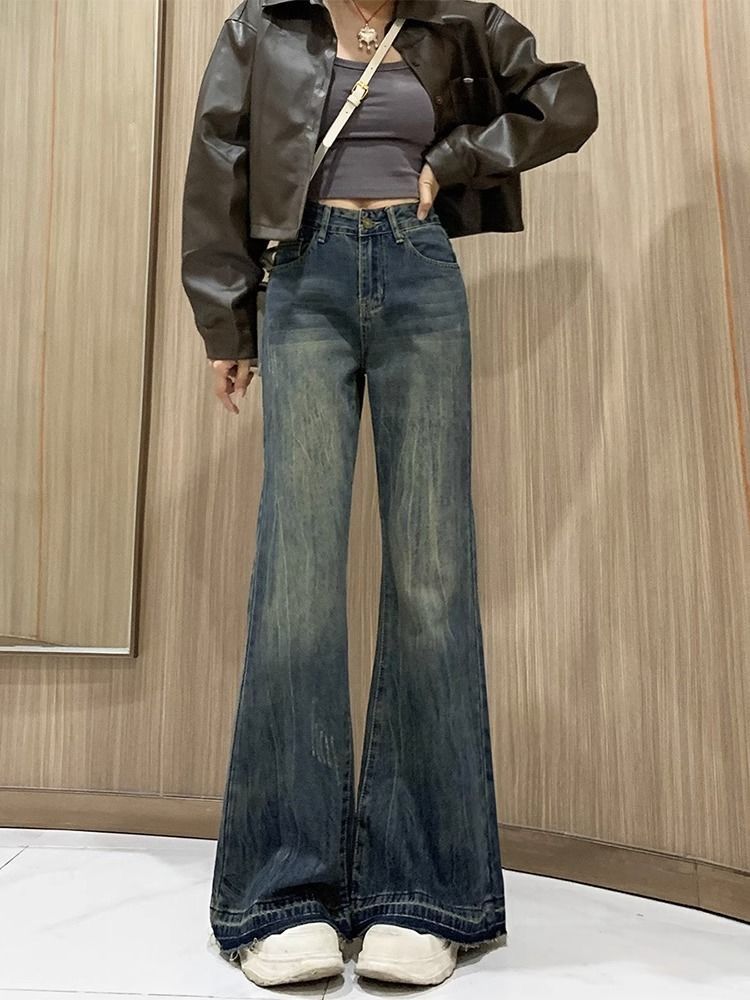 美拉德復古微喇叭牛仔褲女2023秋冬新款高腰寬鬆顯瘦闊腿拖地褲子