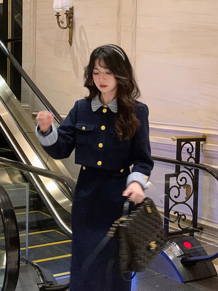 法式氣質名媛小香風套裝女假兩件連衣裙秋冬兩件套套裝外套女