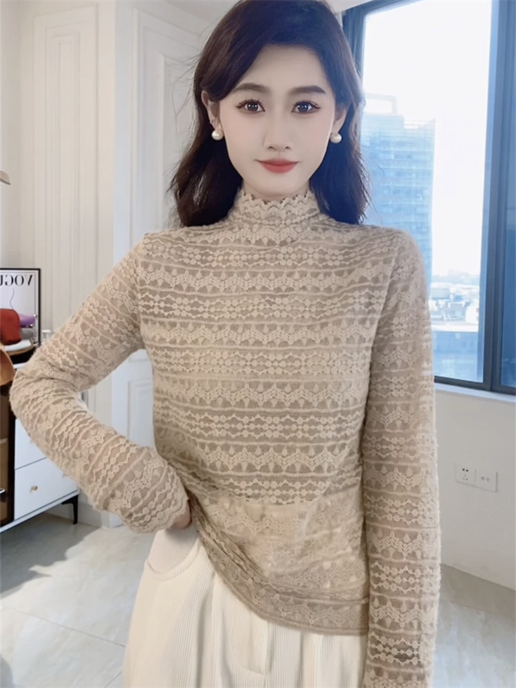 藍海奕諾半高領蕾絲打底衫女2023秋冬新款洋氣小衫配毛衣內搭上衣