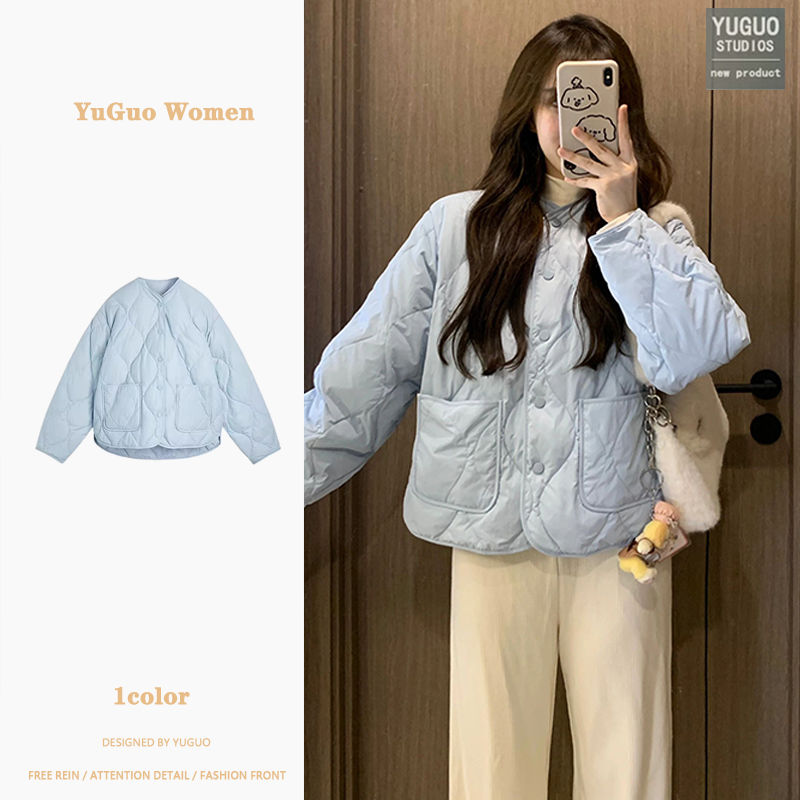 奶藍色菱格輕薄羽絨棉服女秋冬季小個子寬鬆短款麵包服棉衣外套潮