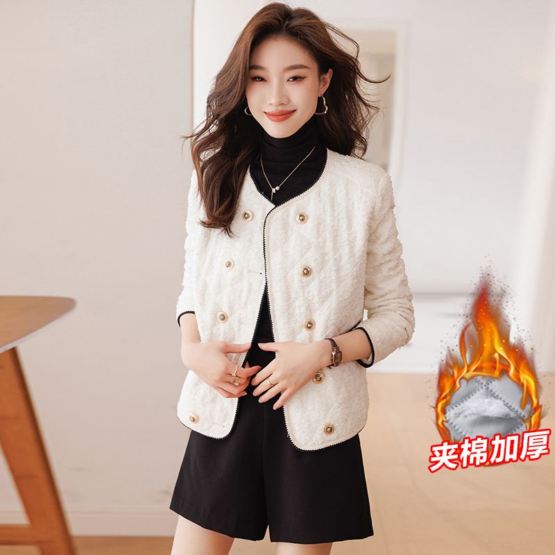 白色加棉小香風外套女2023新款秋冬加厚高級感小個子時尚短款上衣