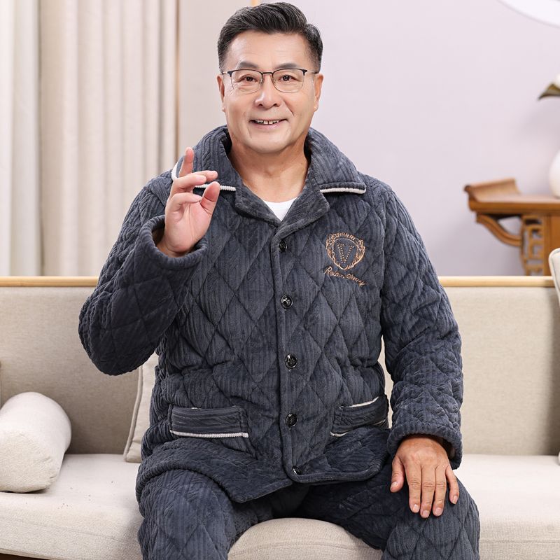 爸爸睡衣男中老年人冬季珊瑚绒加厚法兰绒三层夹棉保暖家居服套装