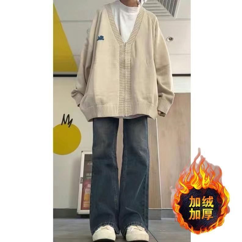 復古高腰微喇叭牛仔褲女秋冬新款加絨加厚寬鬆顯瘦闊腿褲高街ins