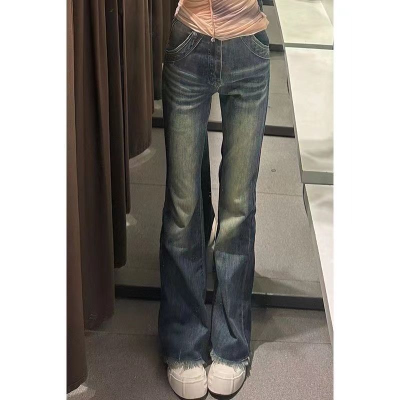 小個子港風復古高腰彈力牛仔褲女新款修身顯瘦微喇叭褲子拖地長褲