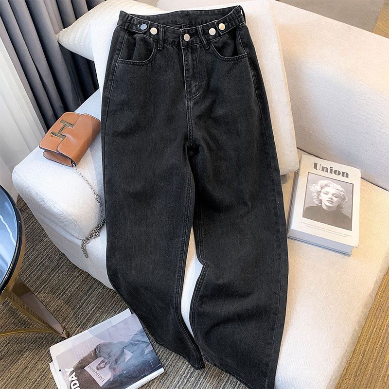 小个子美式高腰直筒牛仔裤女2023年宽松显瘦设计感显高阔腿拖地裤
