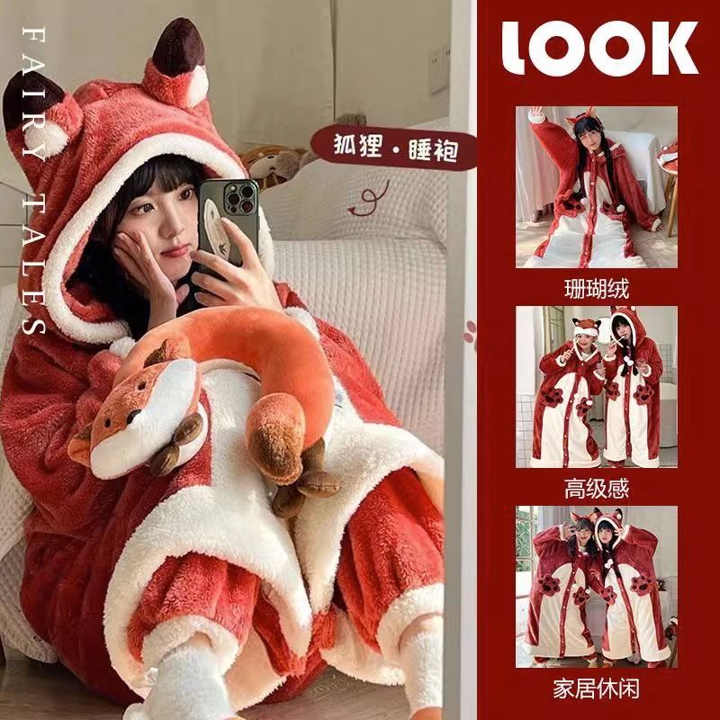 可愛狐狸珊瑚絨睡衣女秋冬加絨加厚法蘭絨睡袍長褲冬季居家服套裝