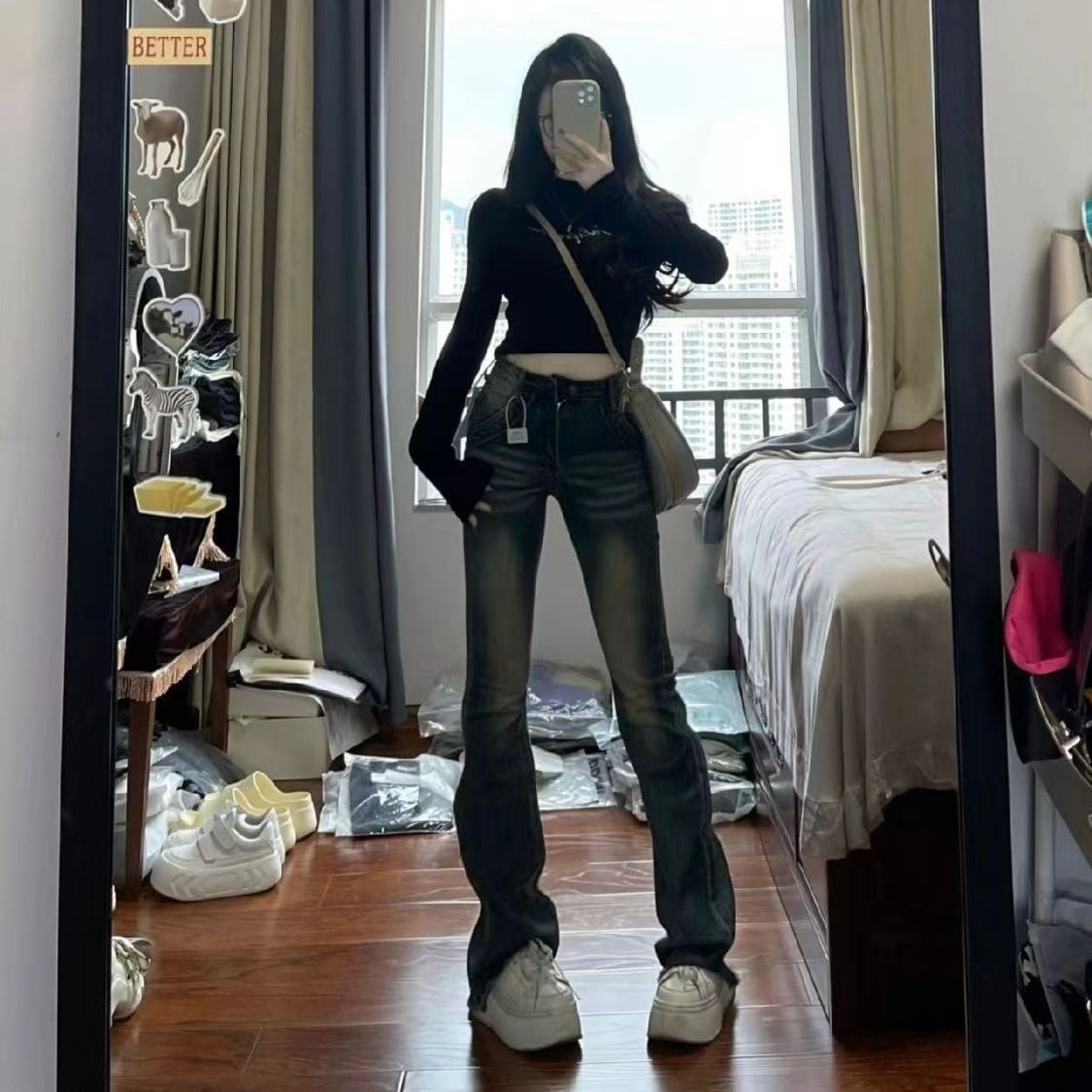 秋冬小個子復古藍微喇叭牛仔褲女新款高腰拖地毛邊百搭馬蹄喇叭褲