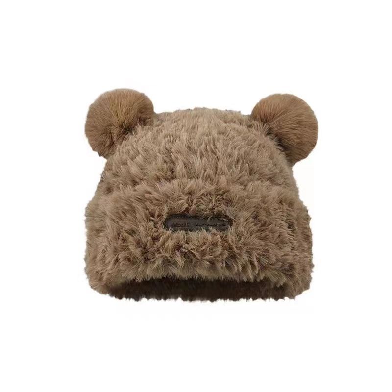 Cute Bear Wool Hat Women's Winter Thickened Plush Warm Furry Baotou Hat Autumn and Winter Large Head Circumference Knitted Hat