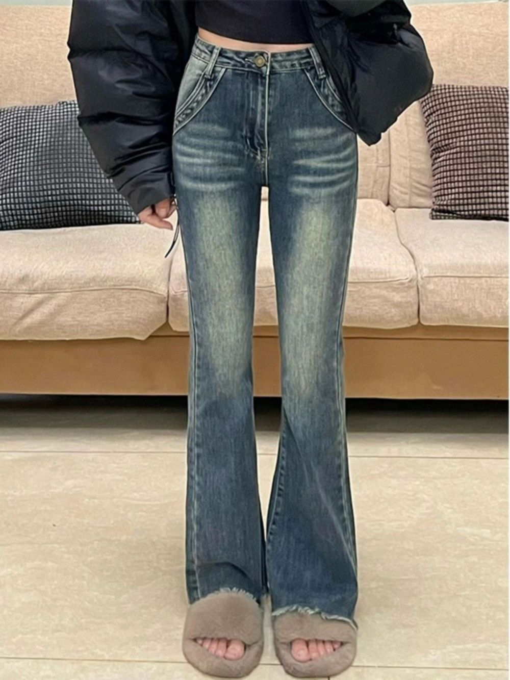 復古藍貓鬚毛邊美式高街彈力微喇牛仔褲女小個子寬鬆顯瘦喇叭褲子