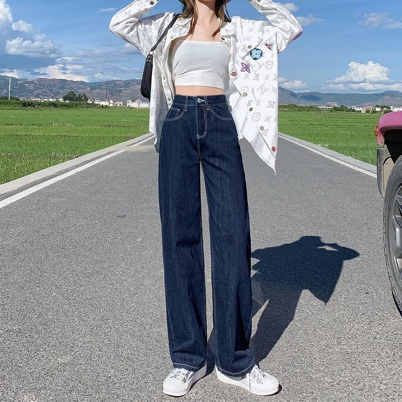 春秋高腰白線深藍牛仔褲女直筒寬鬆顯瘦2023年新款闊腿顯高洋氣褲