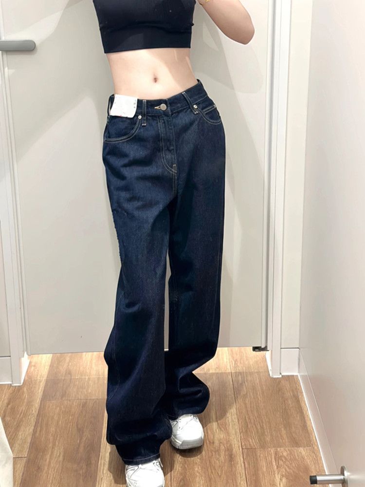 深藍色高腰美式水洗牛仔褲女秋冬2023新款辣妹時尚直筒拖地長褲子