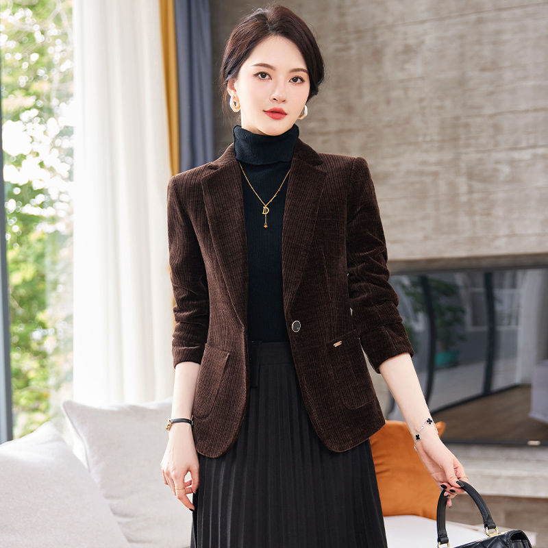 咖啡色西裝外套女秋冬加厚2023新款高級感小個子大碼西服上衣冬季