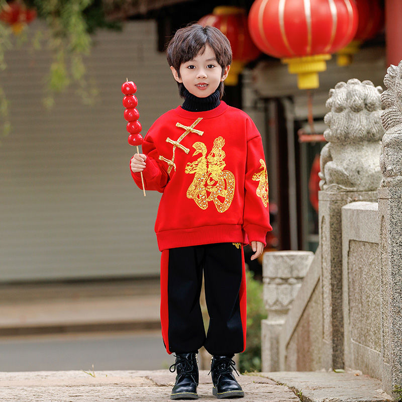 男女童汉服中国风加绒卫衣儿童唐装元旦喜庆演出服宝宝周岁拜年服