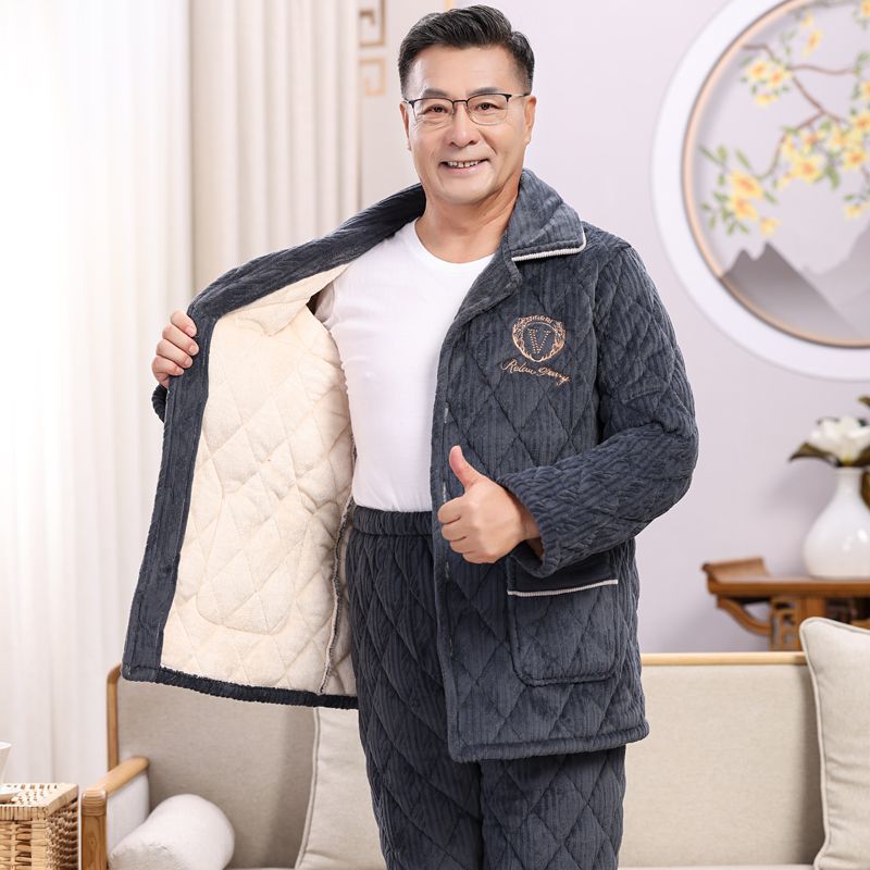 男士高档睡衣三层夹棉中老年爸爸加厚加绒超厚家居服冬季保暖套装