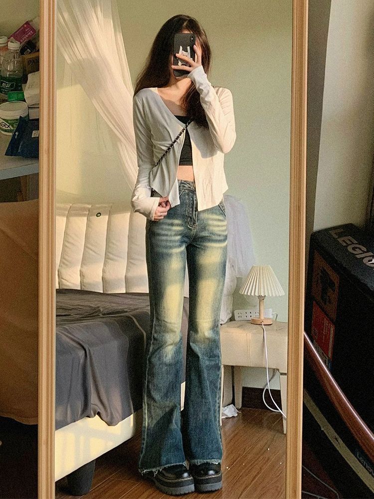 150小個子復古做舊高腰微喇叭牛仔褲女款修身顯瘦彈力毛邊拖地褲