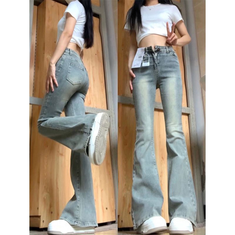 美式復古微喇小個子牛仔褲女秋冬款高腰顯瘦修身彈力辣妹喇叭褲潮