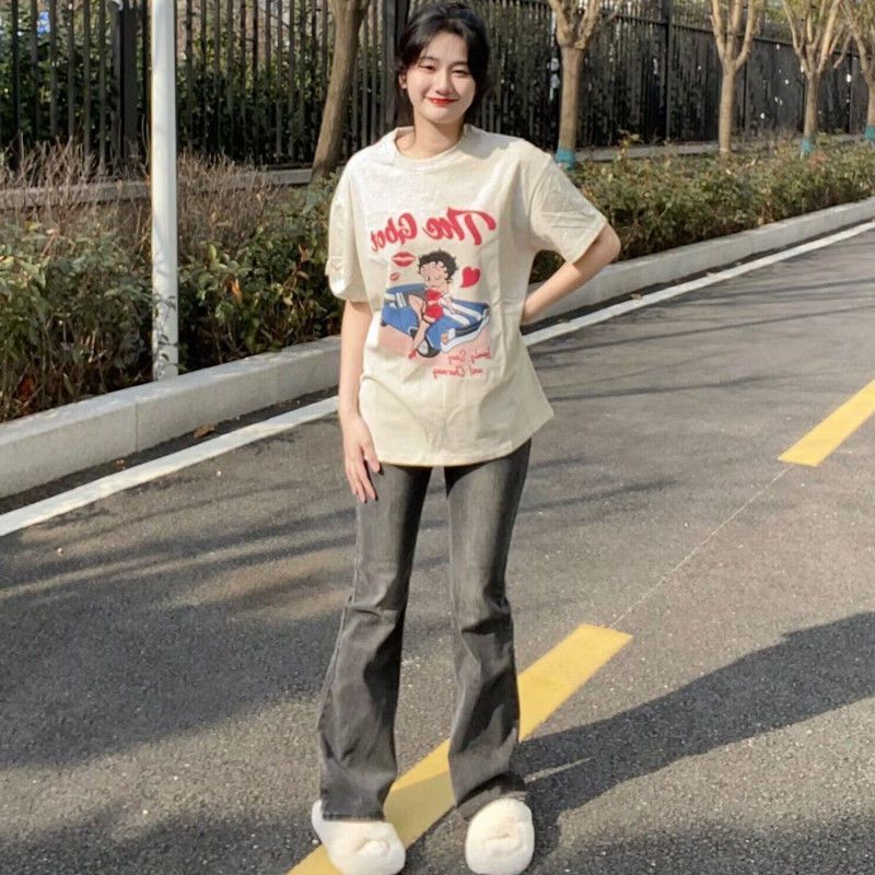 復古煙灰色直筒牛仔褲女小個子冬高街高腰修身顯瘦微喇拖地褲ins