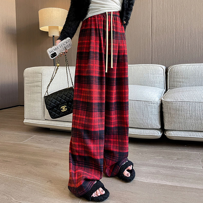 Maillard Brushed Plaid Pants Tall Long Version Plus Velvet Thickened Wide Leg Straight Pants Lazy Style Floor-Mopping Pants for Women