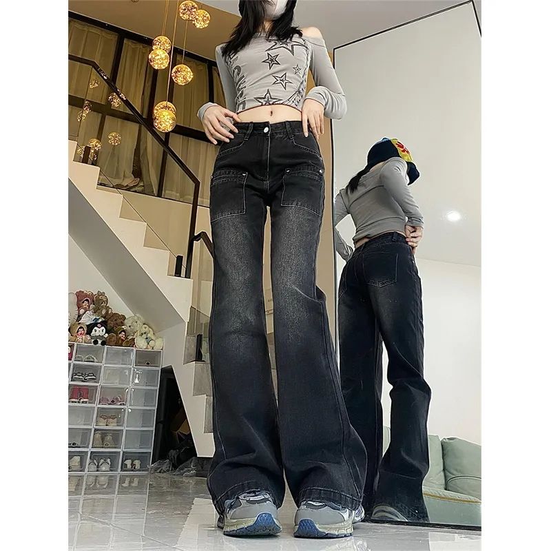 美式復古微喇牛仔褲女2023秋冬新款高腰設計感小眾寬鬆闊腿直筒褲
