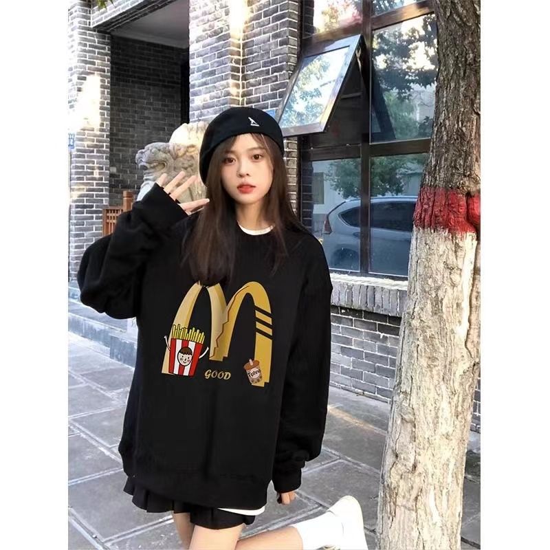 美式復古黑色圓領衛衣女寬鬆春秋冬小眾設計感學生加絨上衣外套潮