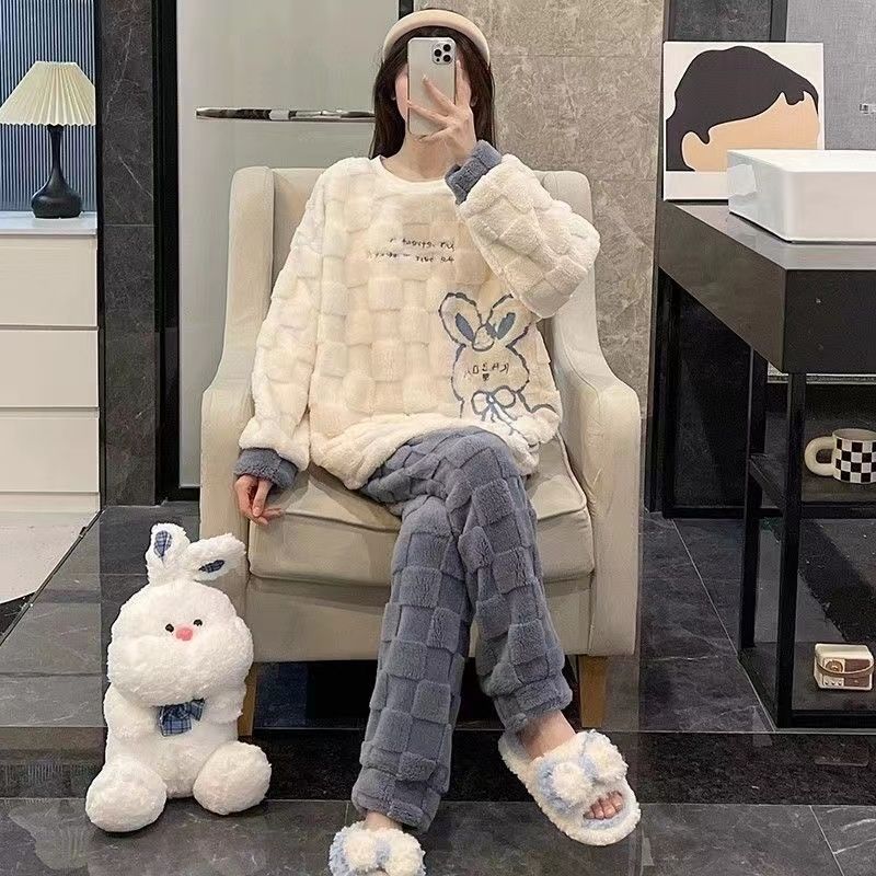 珊瑚絨睡衣女秋冬季加厚加絨學生可愛2023年新款法蘭絨家居服套裝